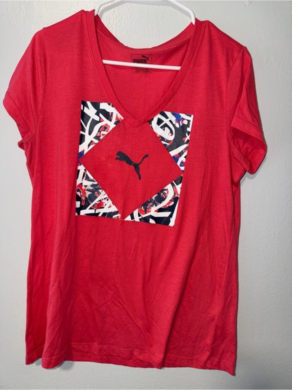 Puma Red V-Neck Graphic Tee with Navy Accent